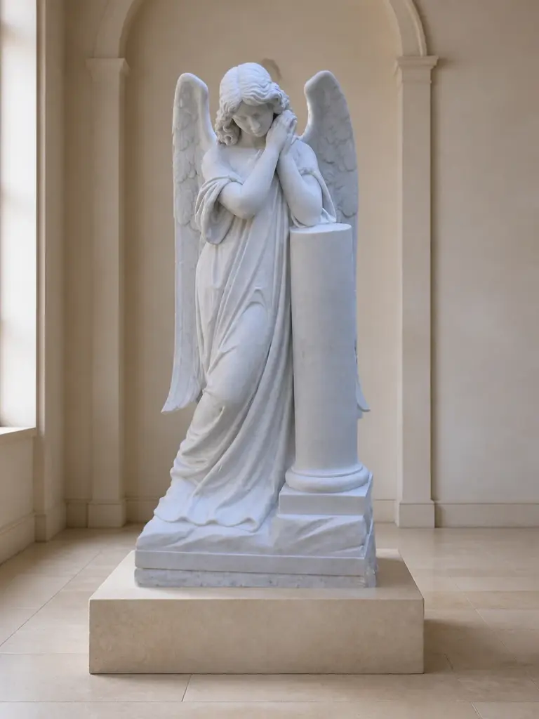 Angelo in preghiera accanto a colonna in marmo, con figura alata raccolta accanto a un elemento cilindrico