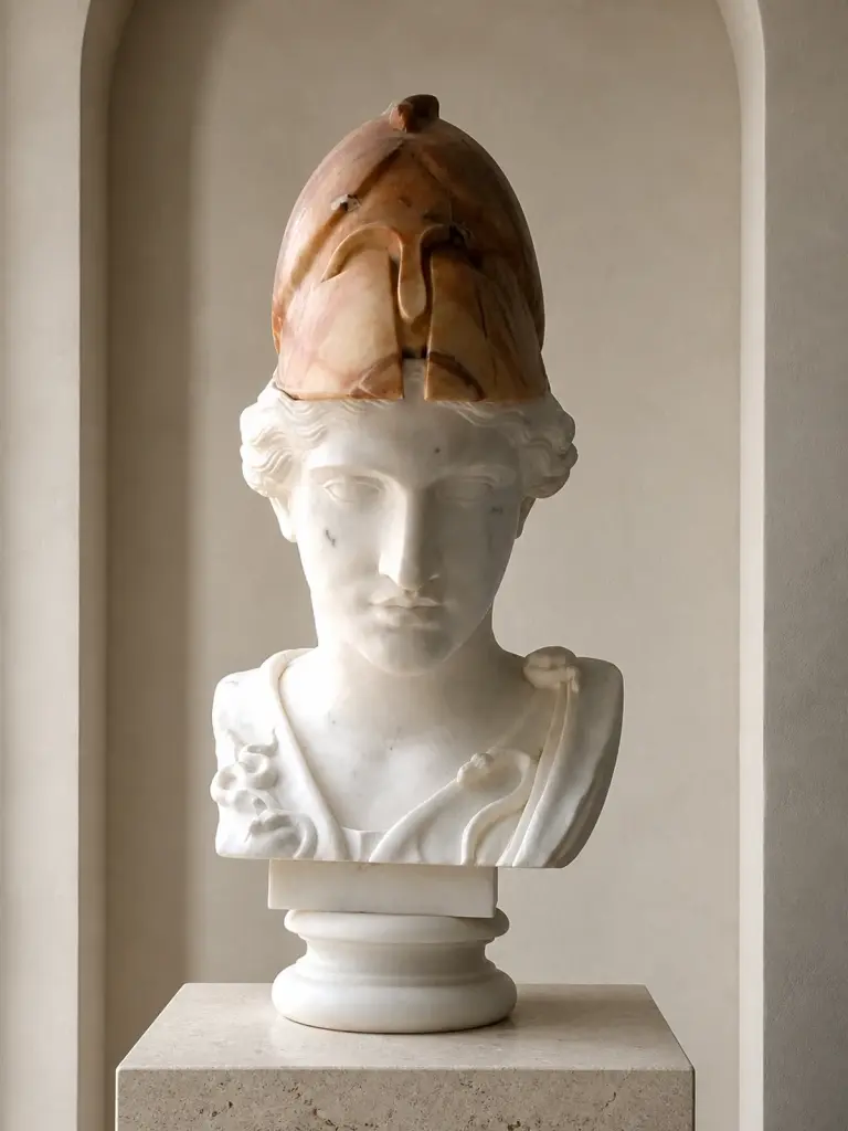 Il busto rappresenta Atena, o Minerva, con elmo crestato e corazza decorata