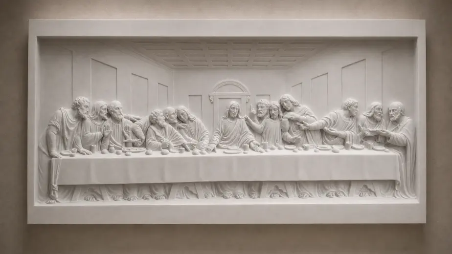 Il pannello ripropone la composizione dell'Ultima Cena con Cristo al centro e gli apostoli distribuiti lungo la tavola
