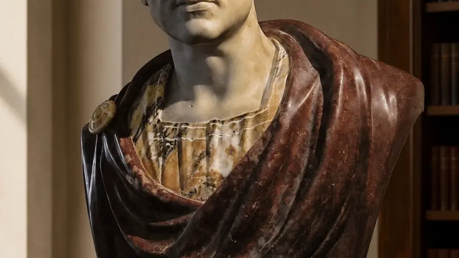 Il busto di Petronio combina marmo bianco, giallo Siena, broccatello e rosso antico