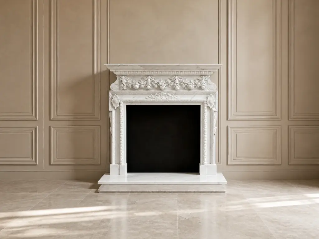 Il caminetto in stile inglese è decorato con festoni floreali e motivi scolpiti sulla fascia superiore e sui montanti