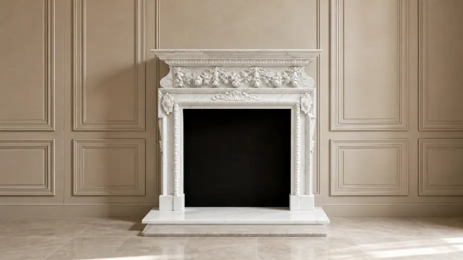 Il caminetto in stile inglese è decorato con festoni floreali e motivi scolpiti sulla fascia superiore e sui montanti