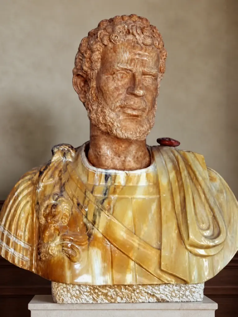 Ritratto dell'imperatore Adriano con capelli ricci, barba e veste drappeggiata