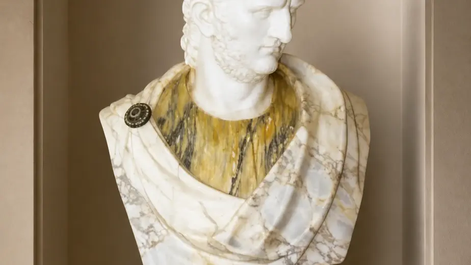Il busto dell'imperatore Nerone combina un ritratto chiaro con una veste dalle venature gialle e un ampio panneggio