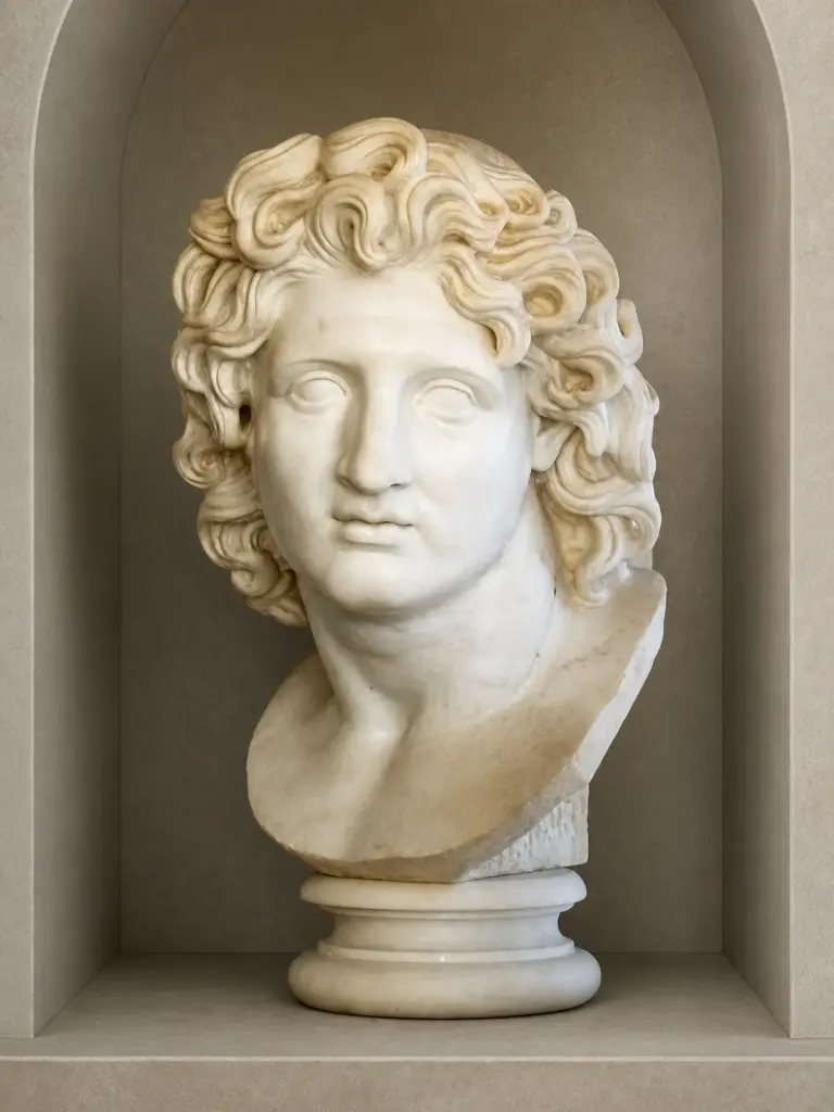 Busto di Alessandro Magno, detto Alessandro il Grande, con volto idealizzato e capigliatura riccia