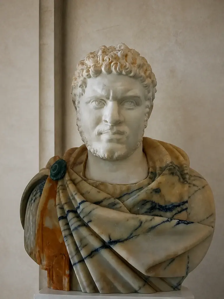 Il busto raffigura l'imperatore romano Caracalla con espressione severa, corona e abbigliamento militare
