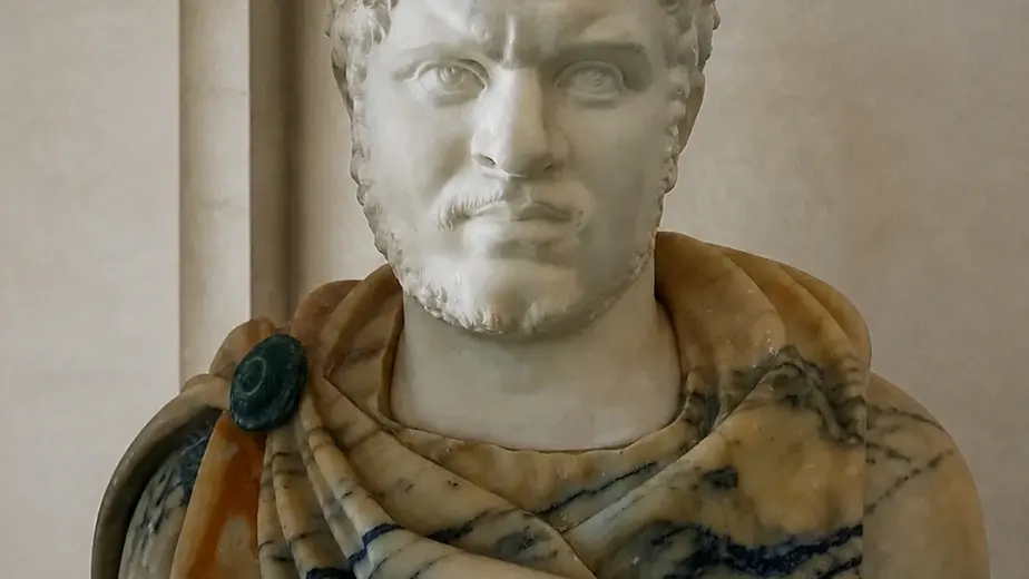 Il busto raffigura l'imperatore romano Caracalla con espressione severa, corona e abbigliamento militare