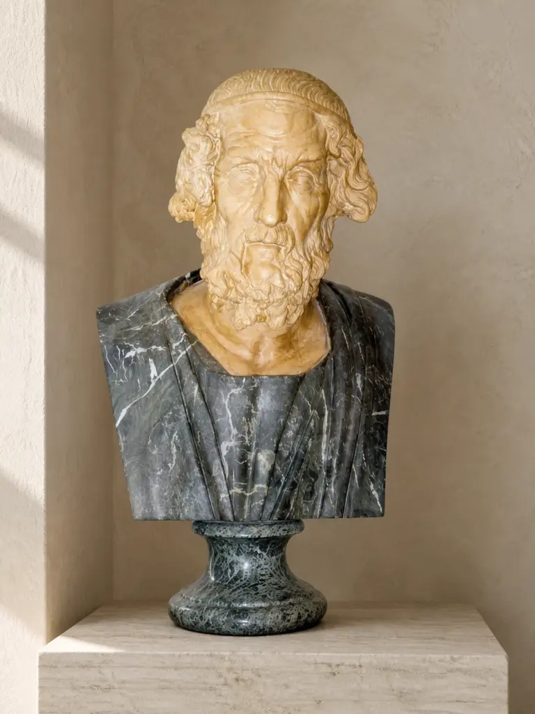 Busto barbato di Omero in marmo stalattite del Carso e Verde Alpi