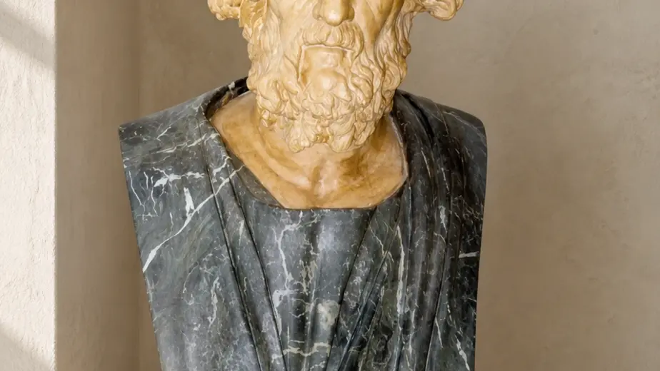 Busto barbato di Omero in marmo stalattite del Carso e Verde Alpi