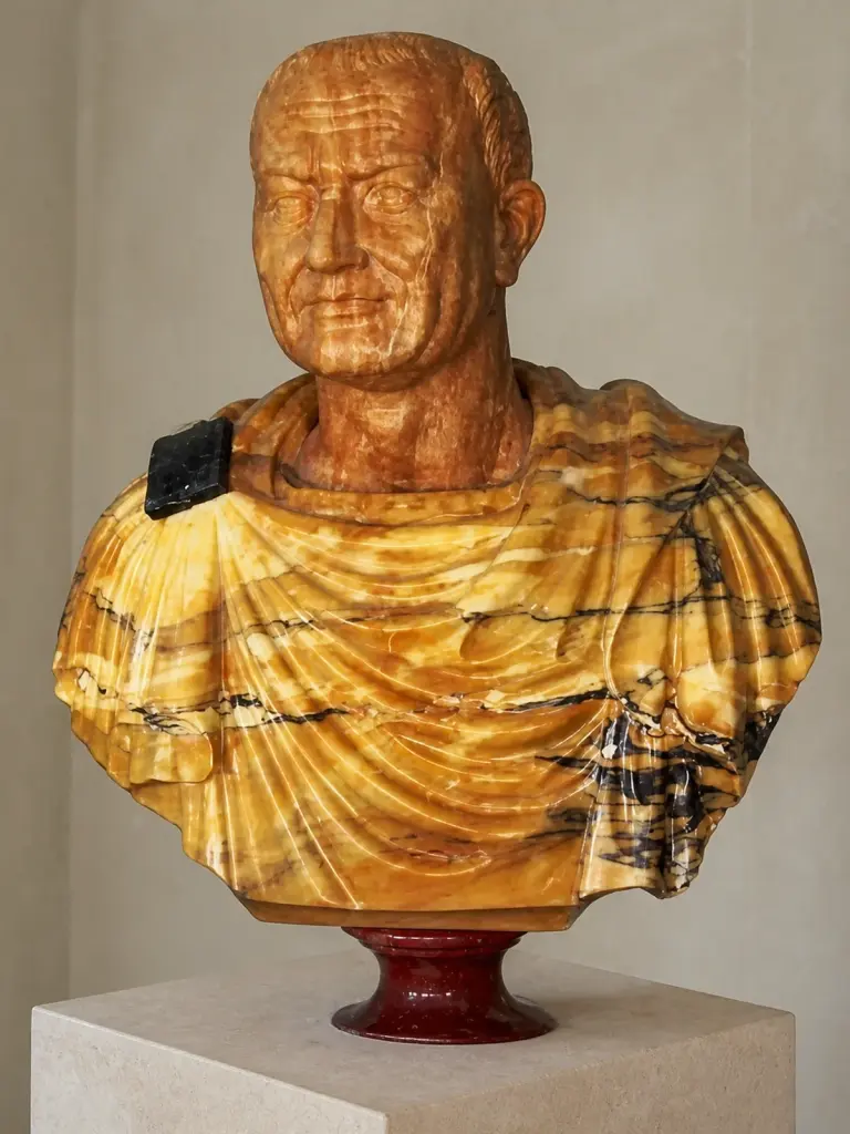Il busto ritrae l'imperatore Vespasiano con capelli corti e veste drappeggiata