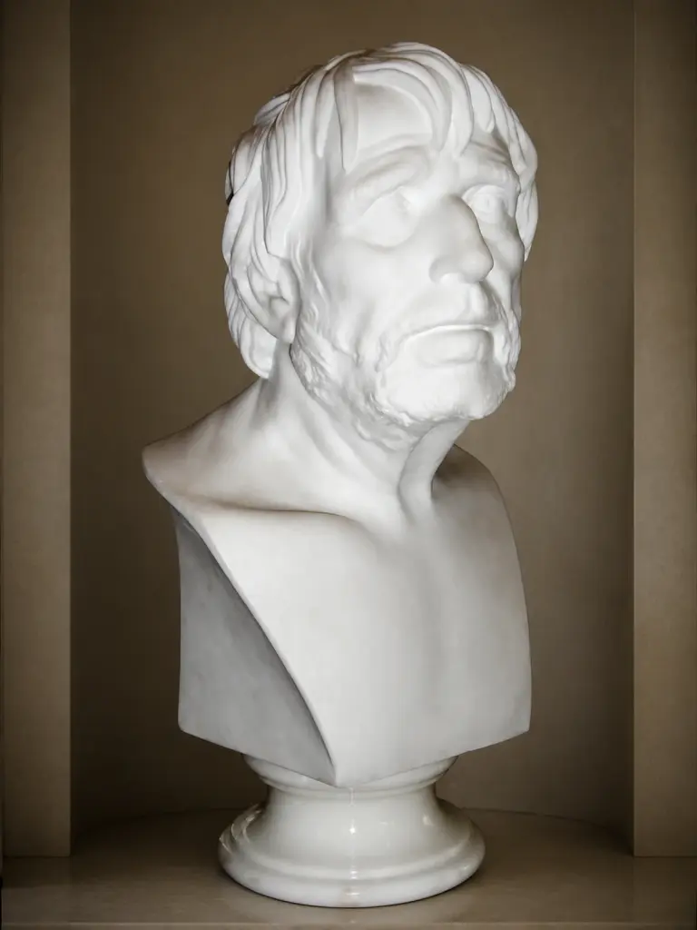 Il busto ritrae Seneca con barba, capelli mossi e un panneggio ridotto alle spalle