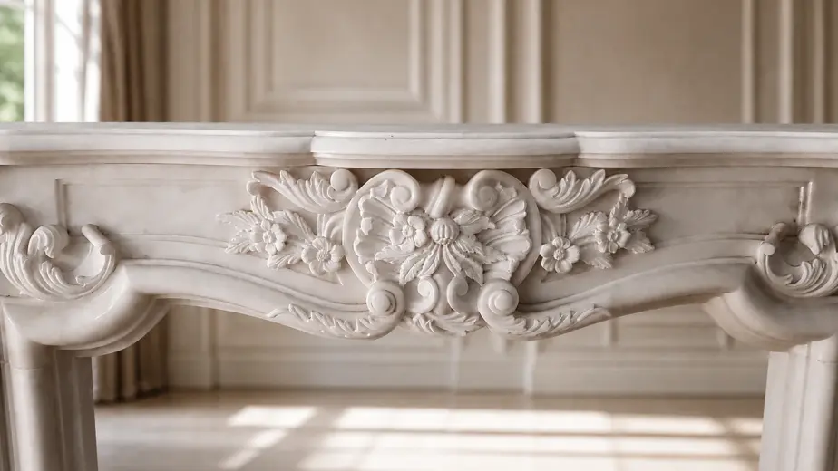 La fascia del caminetto è decorata con una conchiglia centrale, motivi floreali e volute simmetriche
