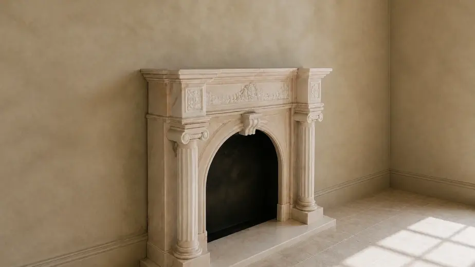 Il caminetto è affiancato da colonne classiche e presenta un'apertura ad arco ribassato
