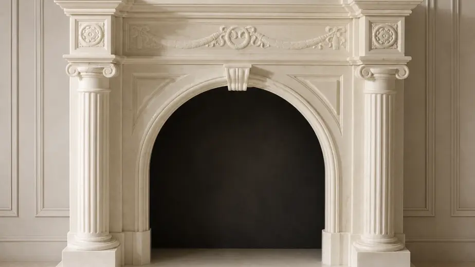 Il caminetto presenta un'ampia apertura ad arco affiancata da colonne ioniche scanalate