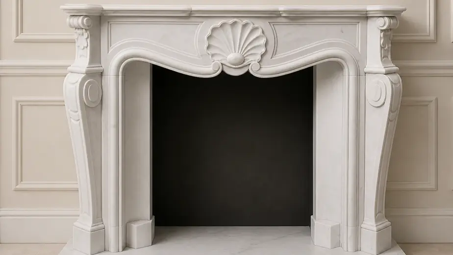 Il caminetto in marmo bianco statuario è definito da un'apertura sagomata e da una conchiglia centrale