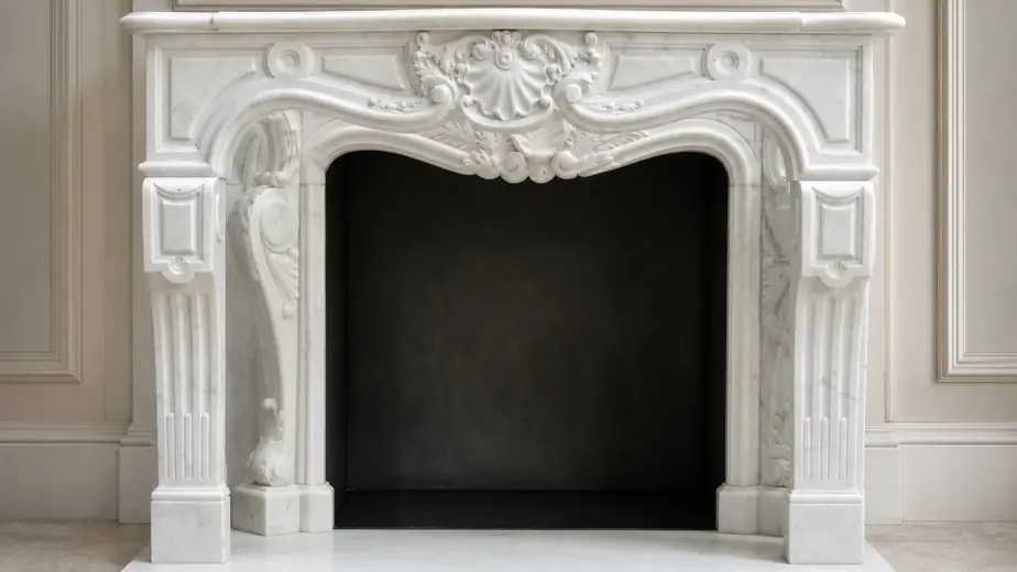 Il caminetto in marmo bianco presenta un'apertura sagomata, una conchiglia centrale e pannelli decorativi sui montanti