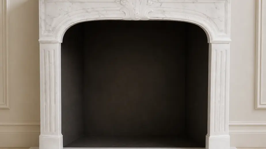 Il caminetto è caratterizzato da un'apertura ad arco ribassato, montanti scanalati e una fascia superiore lineare
