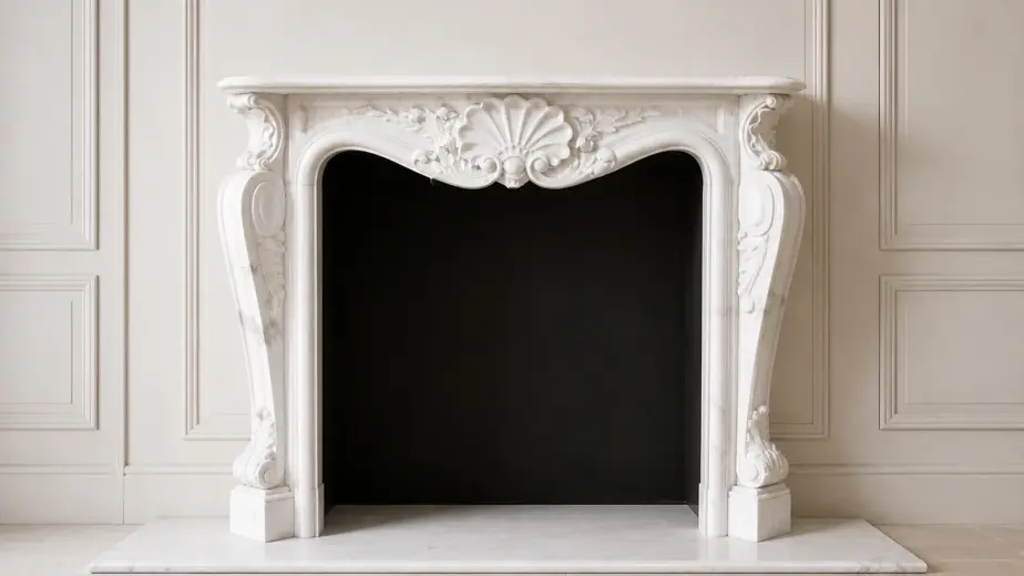 Il caminetto in marmo bianco di Carrara presenta un'apertura dal profilo morbido, montanti curvi e una conchiglia scolpita al centro