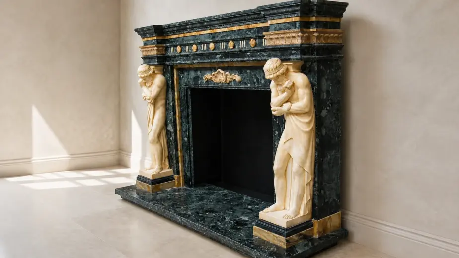 Il caminetto combina verde antico di Grecia e giallo Siena con due statue cariatide ai lati dell'apertura