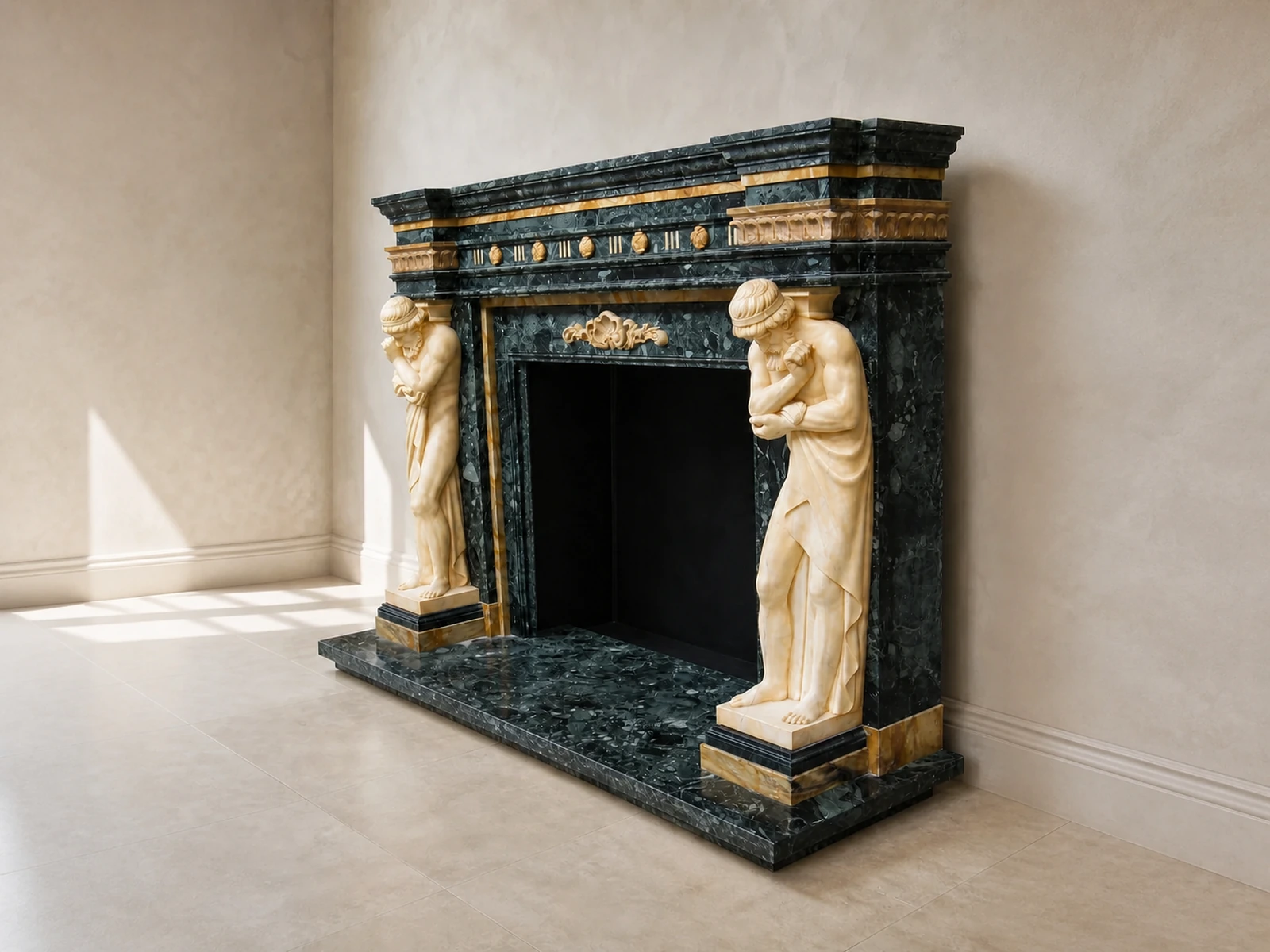 Il caminetto combina verde antico di Grecia e giallo Siena con due statue cariatide ai lati dell'apertura