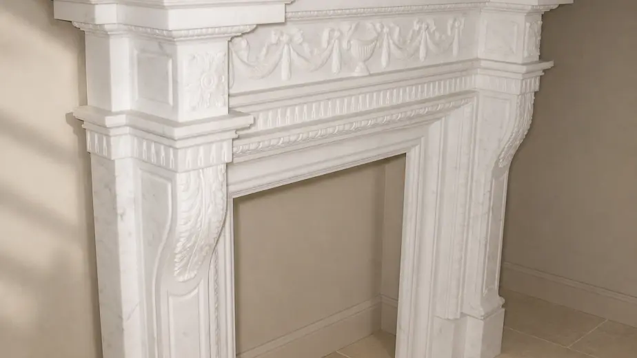 Grande camino in marmo bianco statuario venato con finitura levigata