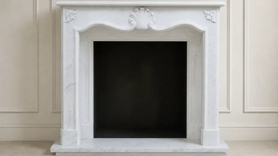 Il caminetto in marmo bianco statuario presenta una cornice compatta, mensola superiore sporgente e un motivo scolpito al centro