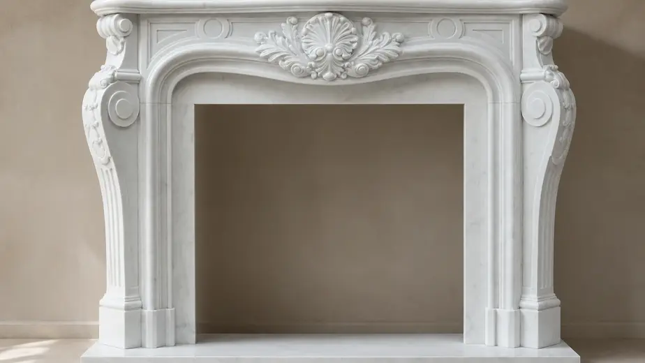 Camino barocco in marmo bianco con volute e rilievi ornamentali