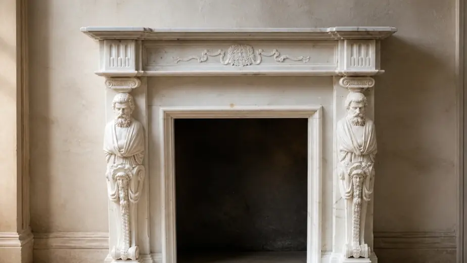 Il caminetto in marmo bianco statuario puro è concepito come una composizione scultorea