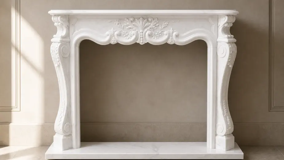 Cornice classica da camino in marmo bianco statuario levigato