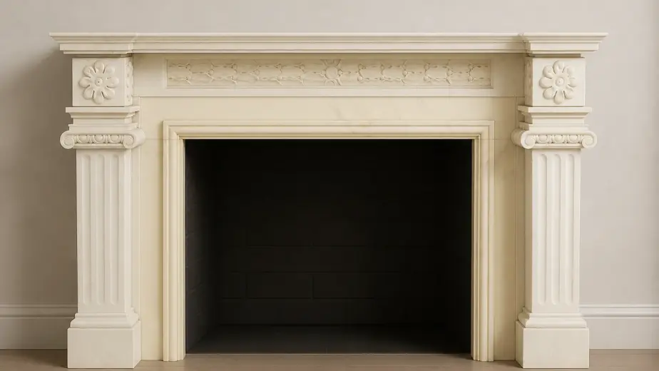 Caminetto in stile Impero con montanti a colonna, capitelli e fascia superiore decorata