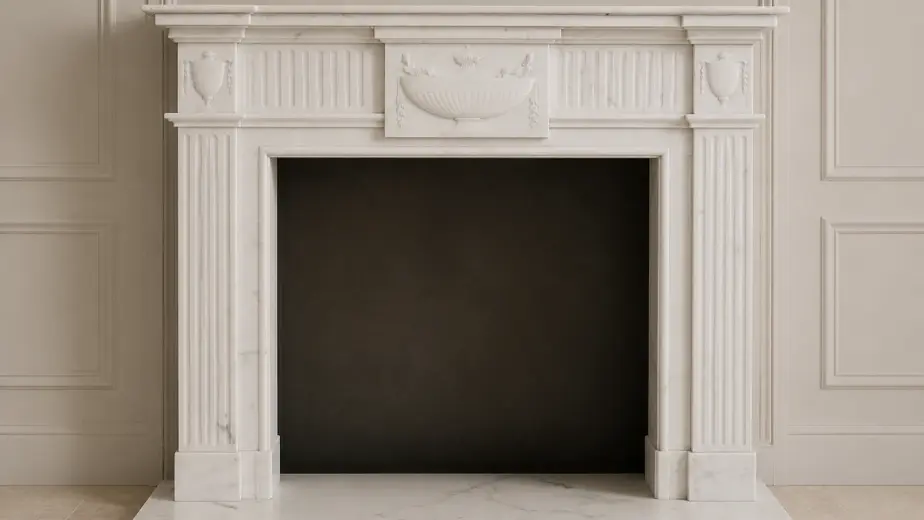 Il caminetto presenta colonne scanalate, capitelli e una fascia superiore lineare decorata da un medaglione centrale