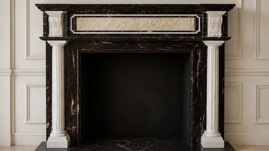 Il caminetto in stile inglese abbina il marmo Rouge Royal della struttura a colonnine ioniche in marmo bianco anticato