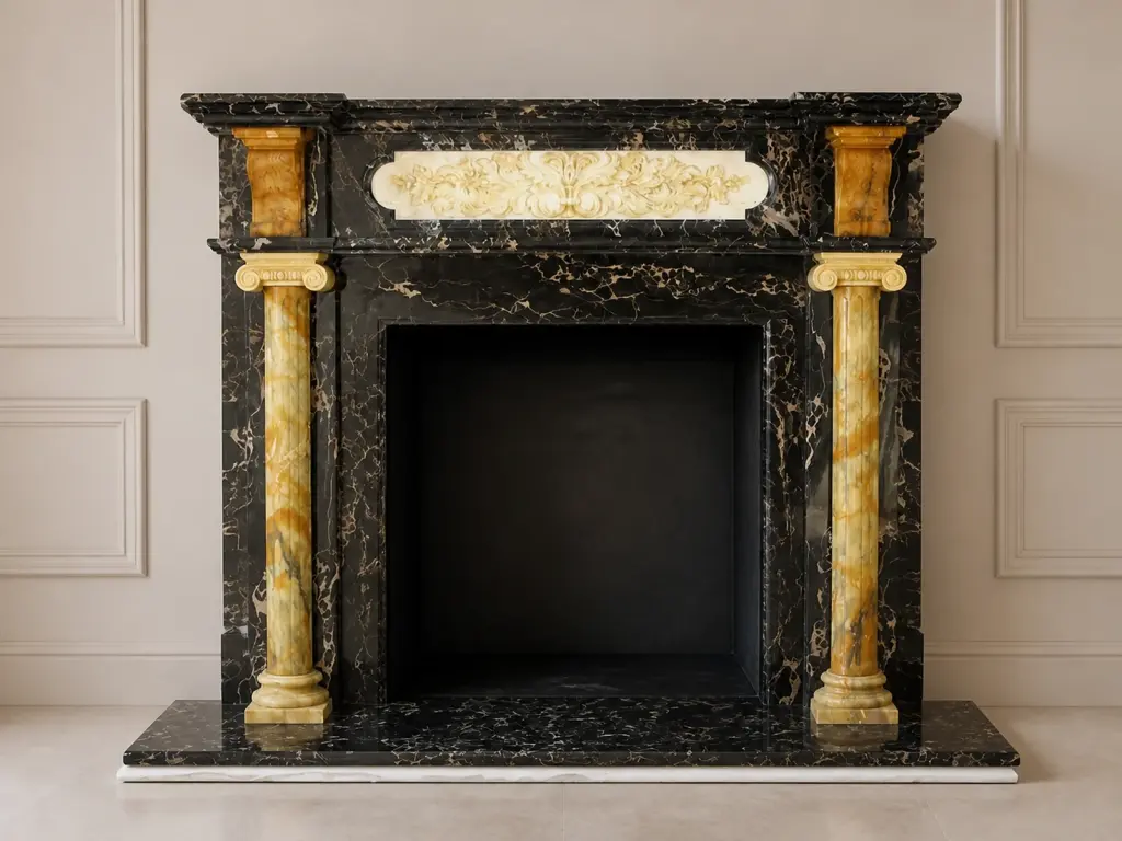 Il caminetto in stile inglese combina una struttura scura, colonne cilindriche e una fascia centrale chiara fortemente venata