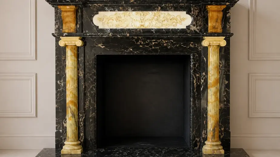 Il caminetto in stile inglese combina una struttura scura, colonne cilindriche e una fascia centrale chiara fortemente venata
