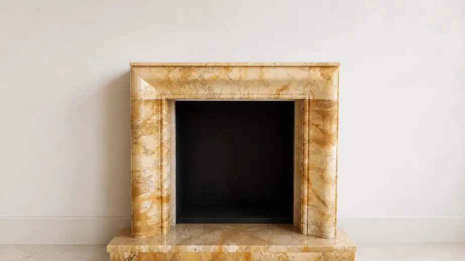 Caminetto a cornice in stile Salvador Rosa, definito da profili lineari e proporzioni compatte