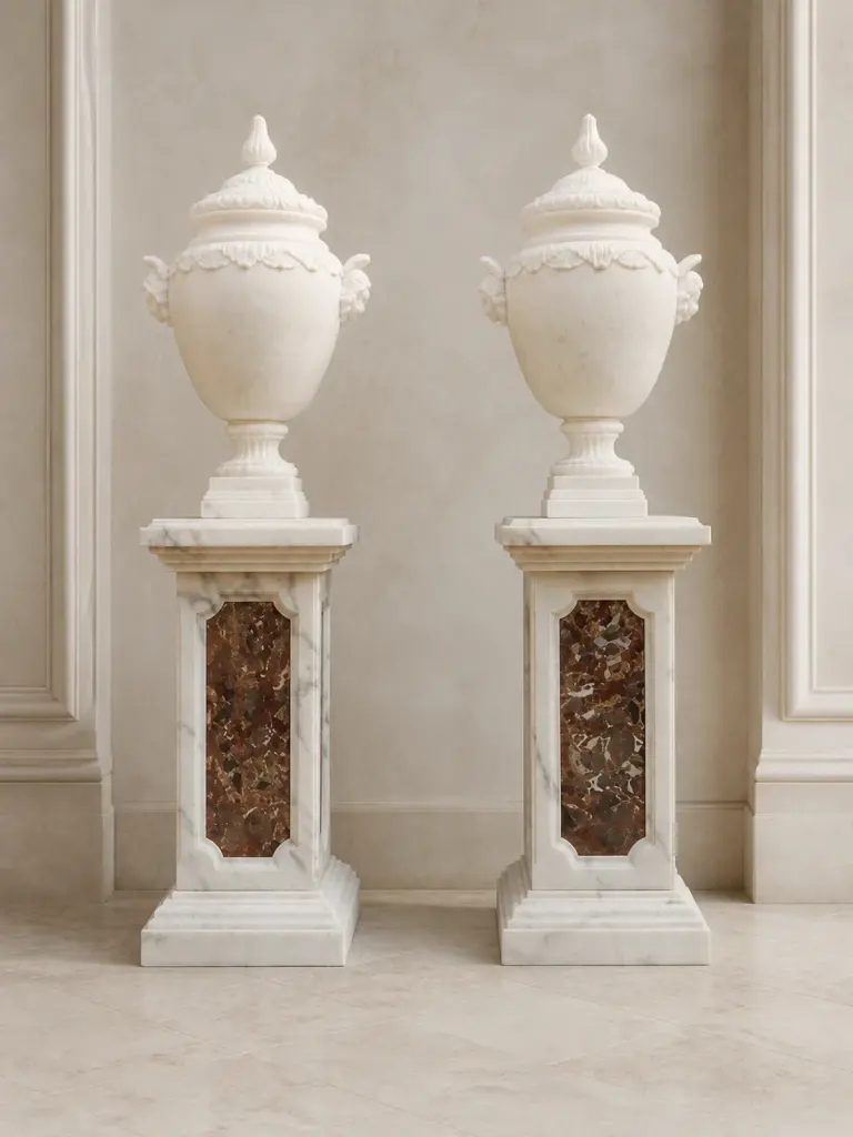 Coppia di vasi artistici in marmo bianco anticato, con due urne con coperchio su piedistalli decorati da pannelli venati