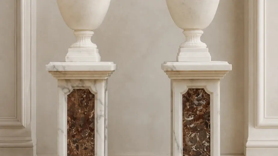 Coppia di vasi artistici in marmo bianco anticato, con due urne con coperchio su piedistalli decorati da pannelli venati