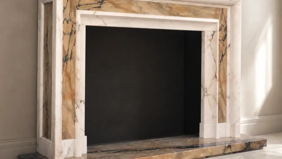 La cornice architettonica abbina giallo broccatello di Siena e paonazzo antico in fasce lineari sovrapposte