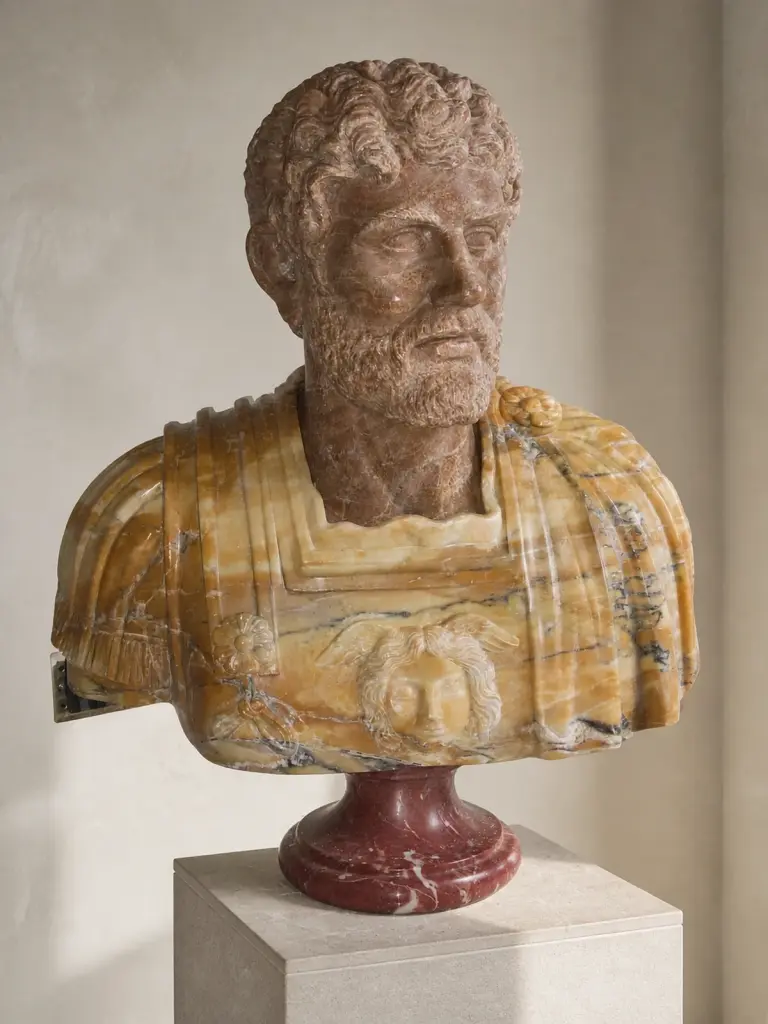 Busto dell'imperatore Adriano con volto barbuto e abbigliamento militare