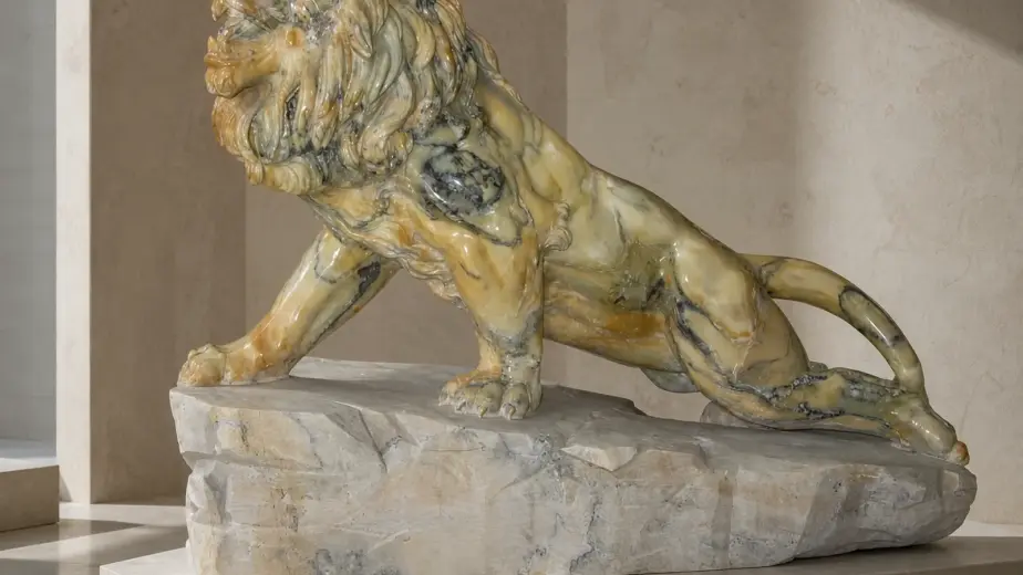 Leone scolpito in posizione distesa, con il capo sollevato e la criniera ben definita