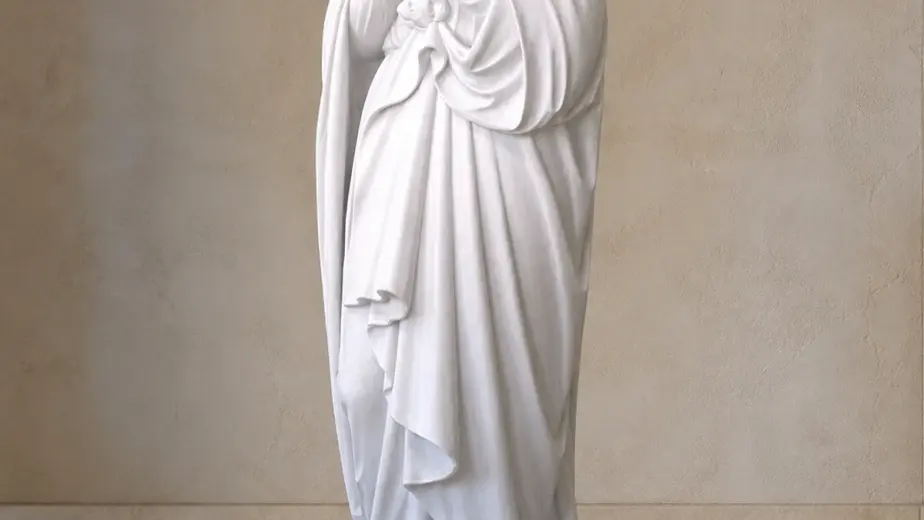 Madonna in preghiera in marmo bianco, con figura intera velata con mani giunte e panneggio fluido