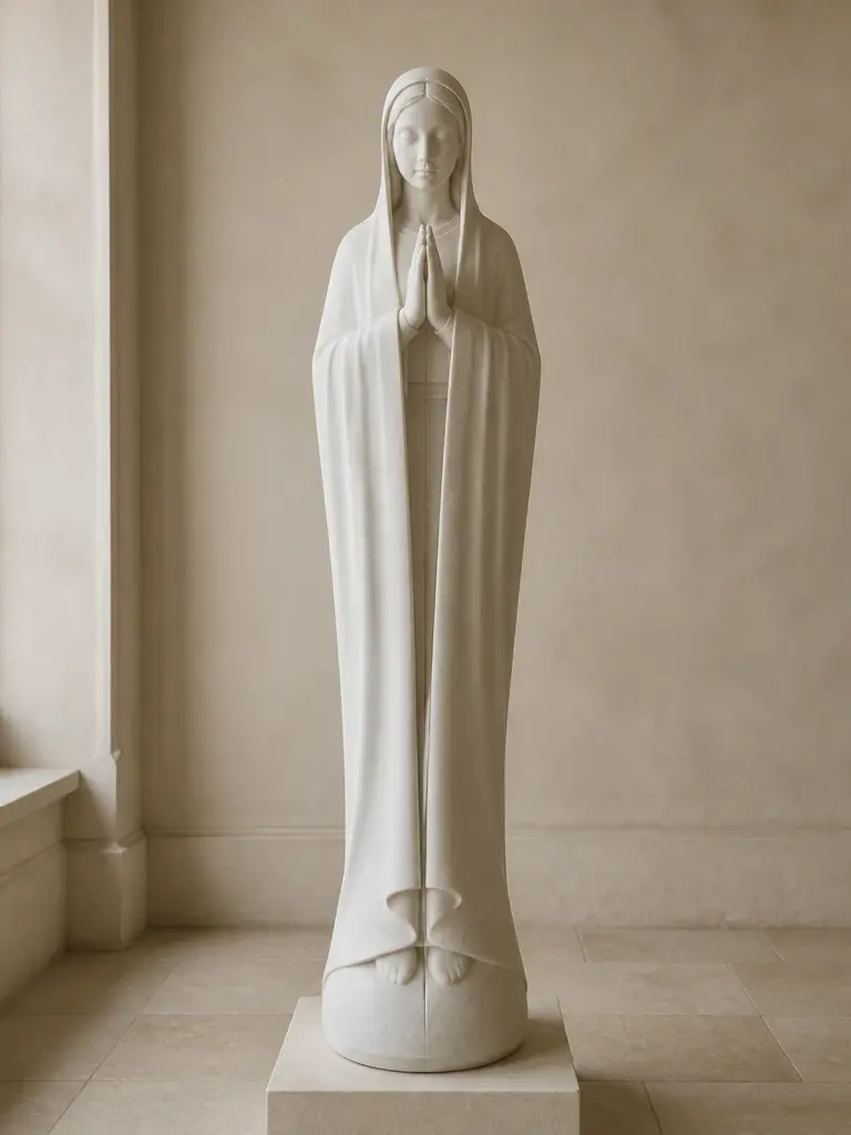 Madonna moderna in marmo bianco, con figura slanciata con velo lungo e mani raccolte sul petto