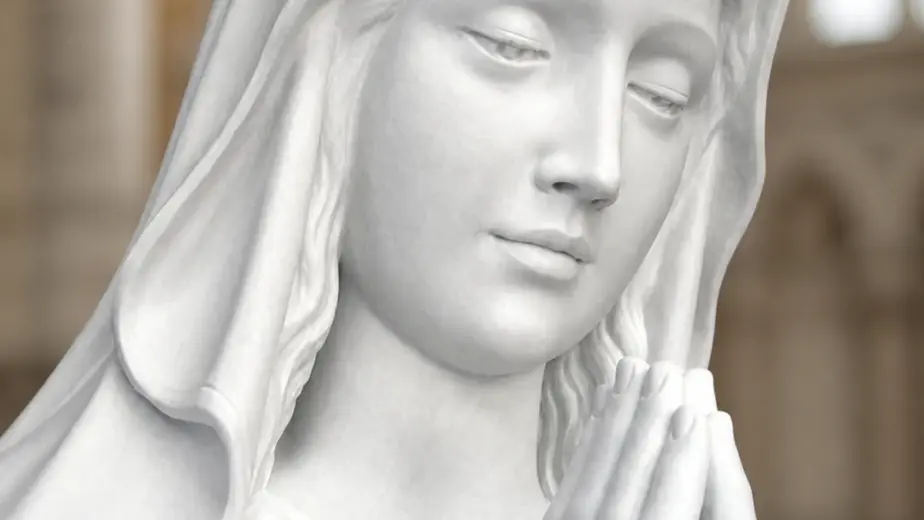 Particolare di madonna in preghiera in marmo bianco, con primo piano del volto velato e delle mani unite