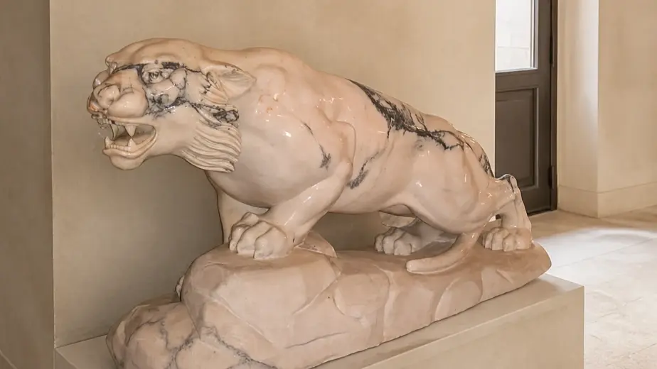 Pantera scolpita con il corpo proteso in avanti e una zampa sollevata