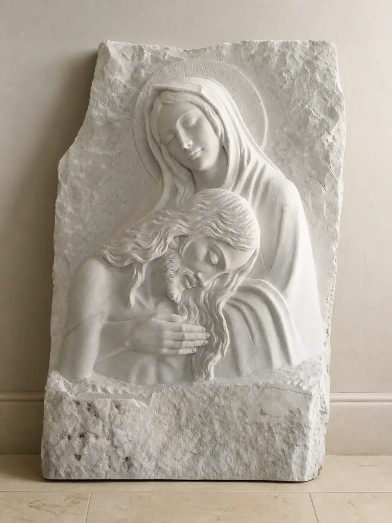 Pietà in bassorilievo di marmo bianco, con Madonna che sostiene Cristo entro una lastra dal fondo sbozzato