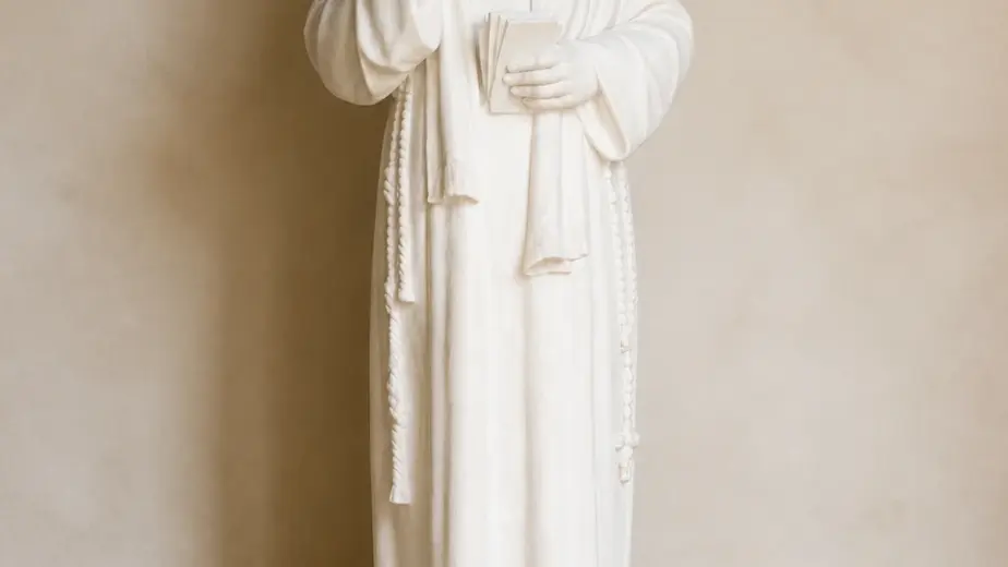 Padre pio in marmo bianco carrara, con figura in abito religioso con rosario e libro tra le mani
