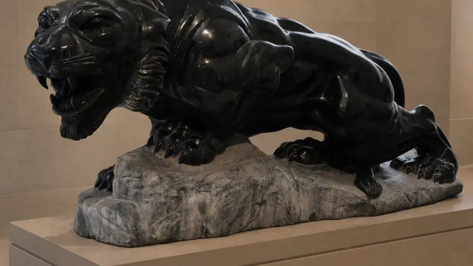 Scultura animalier di pantera in posizione raccolta, definita da una superficie scura e lucida