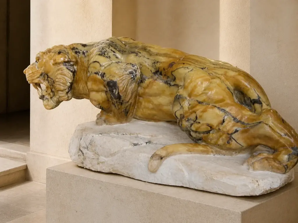 La tigre è raffigurata in una posa bassa e vigile, con testa rivolta in avanti