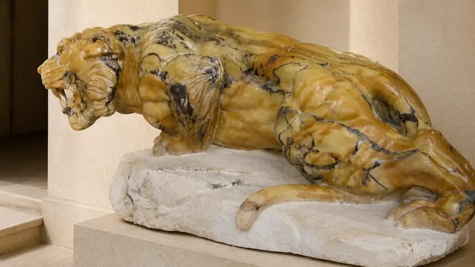 La tigre è raffigurata in una posa bassa e vigile, con testa rivolta in avanti