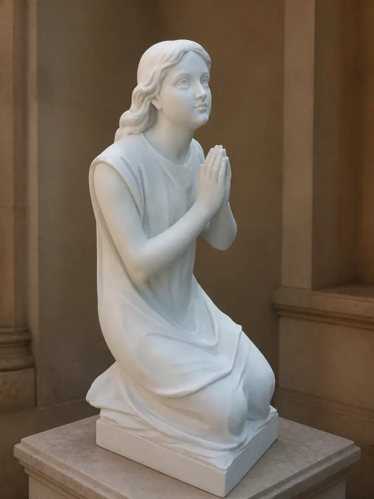 Addolorata inginocchiata in preghiera in marmo bianco, con figura inginocchiata con mani unite e sguardo rivolto verso l'alto